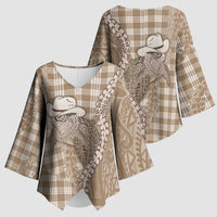 Beige Hawaii Palaka Cowboy Turtle Kimono Sleeve Blouse Hawaiian Paniolo Puakenikeni Maile Lei - Polynesian Pride