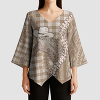 Beige Hawaii Palaka Cowboy Turtle Kimono Sleeve Blouse Hawaiian Paniolo Puakenikeni Maile Lei - Polynesian Pride