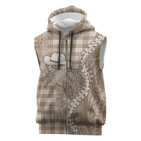 Beige Hawaii Palaka Cowboy Turtle Sleeveless Zip Hoodie Hawaiian Paniolo Puakenikeni Maile Lei - Polynesian Pride