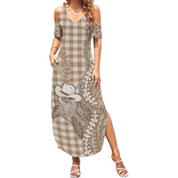 Beige Hawaii Palaka Cowboy Turtle Summer Maxi Dress Hawaiian Paniolo Puakenikeni Maile Lei - Polynesian Pride