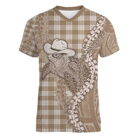 Beige Hawaii Palaka Cowboy Turtle Women V-Neck T-Shirt Hawaiian Paniolo Puakenikeni Maile Lei - Polynesian Pride