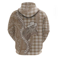 Beige Hawaii Palaka Cowboy Turtle Zip Hoodie Hawaiian Paniolo Puakenikeni Maile Lei - Polynesian Pride