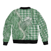 Green Hawaii Palaka Cowboy Turtle Bomber Jacket Hawaiian Paniolo Puakenikeni Maile Lei - Polynesian Pride