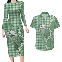Green Hawaii Palaka Cowboy Turtle Couples Matching Long Sleeve Bodycon Dress and Hawaiian Shirt Hawaiian Paniolo Puakenikeni Maile Lei - Polynesian Pride