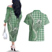 Green Hawaii Palaka Cowboy Turtle Couples Matching Off The Shoulder Long Sleeve Dress and Hawaiian Shirt Hawaiian Paniolo Puakenikeni Maile Lei DT05 - Polynesian Pride