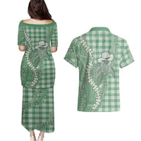 Green Hawaii Palaka Cowboy Turtle Couples Matching Puletasi and Hawaiian Shirt Hawaiian Paniolo Puakenikeni Maile Lei DT05 - Polynesian Pride