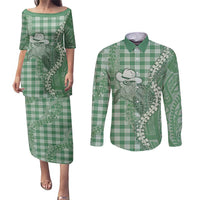 Green Hawaii Palaka Cowboy Turtle Couples Matching Puletasi and Long Sleeve Button Shirt Hawaiian Paniolo Puakenikeni Maile Lei - Polynesian Pride