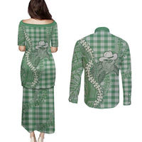 Green Hawaii Palaka Cowboy Turtle Couples Matching Puletasi and Long Sleeve Button Shirt Hawaiian Paniolo Puakenikeni Maile Lei DT05 - Polynesian Pride