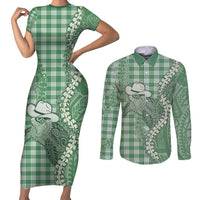 Green Hawaii Palaka Cowboy Turtle Couples Matching Short Sleeve Bodycon Dress and Long Sleeve Button Shirt Hawaiian Paniolo Puakenikeni Maile Lei - Polynesian Pride