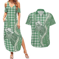 Green Hawaii Palaka Cowboy Turtle Couples Matching Summer Maxi Dress and Hawaiian Shirt Hawaiian Paniolo Puakenikeni Maile Lei - Polynesian Pride