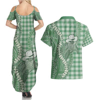Green Hawaii Palaka Cowboy Turtle Couples Matching Summer Maxi Dress and Hawaiian Shirt Hawaiian Paniolo Puakenikeni Maile Lei - Polynesian Pride