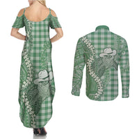Green Hawaii Palaka Cowboy Turtle Couples Matching Summer Maxi Dress and Long Sleeve Button Shirt Hawaiian Paniolo Puakenikeni Maile Lei DT05 - Polynesian Pride