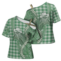 Green Hawaii Palaka Cowboy Turtle Cross Shoulder Shirt Hawaiian Paniolo Puakenikeni Maile Lei - Polynesian Pride
