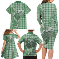 Green Hawaii Palaka Cowboy Turtle Family Matching Long Sleeve Bodycon Dress and Hawaiian Shirt Hawaiian Paniolo Puakenikeni Maile Lei DT05 - Polynesian Pride