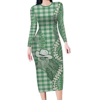Green Hawaii Palaka Cowboy Turtle Family Matching Long Sleeve Bodycon Dress and Hawaiian Shirt Hawaiian Paniolo Puakenikeni Maile Lei DT05 Mom's Dress Green - Polynesian Pride