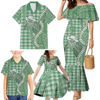 Green Hawaii Palaka Cowboy Turtle Family Matching Mermaid Dress and Hawaiian Shirt Hawaiian Paniolo Puakenikeni Maile Lei DT05 - Polynesian Pride