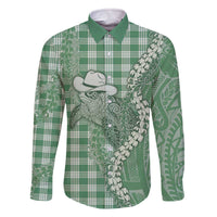 Green Hawaii Palaka Cowboy Turtle Family Matching Off The Shoulder Long Sleeve Dress and Hawaiian Shirt Hawaiian Paniolo Puakenikeni Maile Lei DT05 Dad's Shirt - Long Sleeve Green - Polynesian Pride