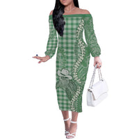 Green Hawaii Palaka Cowboy Turtle Family Matching Off The Shoulder Long Sleeve Dress and Hawaiian Shirt Hawaiian Paniolo Puakenikeni Maile Lei DT05 Mom's Dress Green - Polynesian Pride