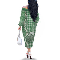 Green Hawaii Palaka Cowboy Turtle Family Matching Off The Shoulder Long Sleeve Dress and Hawaiian Shirt Hawaiian Paniolo Puakenikeni Maile Lei - Polynesian Pride
