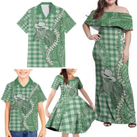 Green Hawaii Palaka Cowboy Turtle Family Matching Off Shoulder Maxi Dress and Hawaiian Shirt Hawaiian Paniolo Puakenikeni Maile Lei DT05 - Polynesian Pride