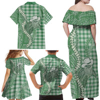 Green Hawaii Palaka Cowboy Turtle Family Matching Off Shoulder Maxi Dress and Hawaiian Shirt Hawaiian Paniolo Puakenikeni Maile Lei - Polynesian Pride
