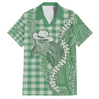 Green Hawaii Palaka Cowboy Turtle Family Matching Off Shoulder Maxi Dress and Hawaiian Shirt Hawaiian Paniolo Puakenikeni Maile Lei - Polynesian Pride