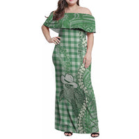 Green Hawaii Palaka Cowboy Turtle Family Matching Off Shoulder Maxi Dress and Hawaiian Shirt Hawaiian Paniolo Puakenikeni Maile Lei DT05 Mom's Dress Green - Polynesian Pride