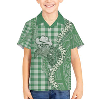Green Hawaii Palaka Cowboy Turtle Family Matching Off Shoulder Maxi Dress and Hawaiian Shirt Hawaiian Paniolo Puakenikeni Maile Lei DT05 Son's Shirt Green - Polynesian Pride