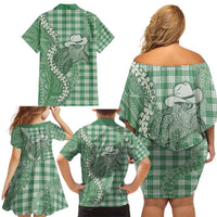 Green Hawaii Palaka Cowboy Turtle Family Matching Off Shoulder Short Dress and Hawaiian Shirt Hawaiian Paniolo Puakenikeni Maile Lei DT05 - Polynesian Pride
