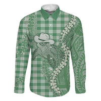Green Hawaii Palaka Cowboy Turtle Family Matching Puletasi and Hawaiian Shirt Hawaiian Paniolo Puakenikeni Maile Lei DT05 Dad's Shirt - Long Sleeve Green - Polynesian Pride