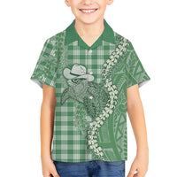 Green Hawaii Palaka Cowboy Turtle Family Matching Tank Maxi Dress and Hawaiian Shirt Hawaiian Paniolo Puakenikeni Maile Lei DT05 Son's Shirt Green - Polynesian Pride