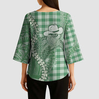 Green Hawaii Palaka Cowboy Turtle Kimono Sleeve Blouse Hawaiian Paniolo Puakenikeni Maile Lei - Polynesian Pride