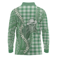 Green Hawaii Palaka Cowboy Turtle Long Sleeve Polo Shirt Hawaiian Paniolo Puakenikeni Maile Lei - Polynesian Pride