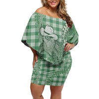 Green Hawaii Palaka Cowboy Turtle Off Shoulder Short Dress Hawaiian Paniolo Puakenikeni Maile Lei - Polynesian Pride