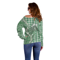 Green Hawaii Palaka Cowboy Turtle Off Shoulder Sweater Hawaiian Paniolo Puakenikeni Maile Lei - Polynesian Pride