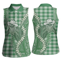 Green Hawaii Palaka Cowboy Turtle Women Sleeveless Polo Shirt Hawaiian Paniolo Puakenikeni Maile Lei - Polynesian Pride