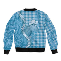 Blue Hawaii Palaka Cowboy Turtle Bomber Jacket Hawaiian Paniolo Puakenikeni Maile Lei - Polynesian Pride