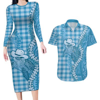 Blue Hawaii Palaka Cowboy Turtle Couples Matching Long Sleeve Bodycon Dress and Hawaiian Shirt Hawaiian Paniolo Puakenikeni Maile Lei DT05 Blue - Polynesian Pride