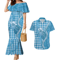 Blue Hawaii Palaka Cowboy Turtle Couples Matching Mermaid Dress and Hawaiian Shirt Hawaiian Paniolo Puakenikeni Maile Lei DT05 Blue - Polynesian Pride