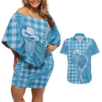 Blue Hawaii Palaka Cowboy Turtle Couples Matching Off Shoulder Short Dress and Hawaiian Shirt Hawaiian Paniolo Puakenikeni Maile Lei DT05 Blue - Polynesian Pride