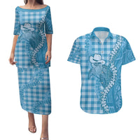 Blue Hawaii Palaka Cowboy Turtle Couples Matching Puletasi and Hawaiian Shirt Hawaiian Paniolo Puakenikeni Maile Lei DT05 Blue - Polynesian Pride