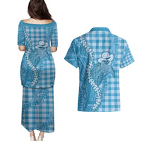 Blue Hawaii Palaka Cowboy Turtle Couples Matching Puletasi and Hawaiian Shirt Hawaiian Paniolo Puakenikeni Maile Lei DT05 - Polynesian Pride