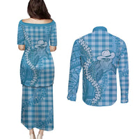 Blue Hawaii Palaka Cowboy Turtle Couples Matching Puletasi and Long Sleeve Button Shirt Hawaiian Paniolo Puakenikeni Maile Lei DT05 - Polynesian Pride