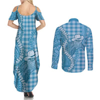 Blue Hawaii Palaka Cowboy Turtle Couples Matching Summer Maxi Dress and Long Sleeve Button Shirt Hawaiian Paniolo Puakenikeni Maile Lei DT05 - Polynesian Pride