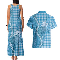 Blue Hawaii Palaka Cowboy Turtle Couples Matching Tank Maxi Dress and Hawaiian Shirt Hawaiian Paniolo Puakenikeni Maile Lei DT05 - Polynesian Pride