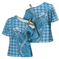 Blue Hawaii Palaka Cowboy Turtle Cross Shoulder Shirt Hawaiian Paniolo Puakenikeni Maile Lei - Polynesian Pride