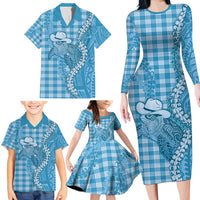 Blue Hawaii Palaka Cowboy Turtle Family Matching Long Sleeve Bodycon Dress and Hawaiian Shirt Hawaiian Paniolo Puakenikeni Maile Lei DT05 - Polynesian Pride