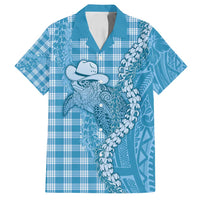 Blue Hawaii Palaka Cowboy Turtle Family Matching Long Sleeve Bodycon Dress and Hawaiian Shirt Hawaiian Paniolo Puakenikeni Maile Lei DT05 Dad's Shirt - Short Sleeve Blue - Polynesian Pride