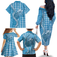Blue Hawaii Palaka Cowboy Turtle Family Matching Off The Shoulder Long Sleeve Dress and Hawaiian Shirt Hawaiian Paniolo Puakenikeni Maile Lei DT05 - Polynesian Pride