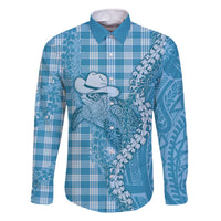 Blue Hawaii Palaka Cowboy Turtle Family Matching Off The Shoulder Long Sleeve Dress and Hawaiian Shirt Hawaiian Paniolo Puakenikeni Maile Lei DT05 Dad's Shirt - Long Sleeve Blue - Polynesian Pride